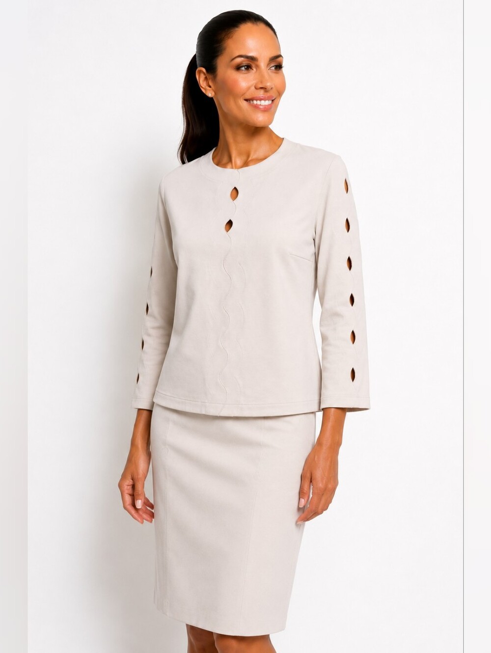 Akris Punto 2 Piece Scalloped Top & Pencil Skirt Set Women's Size 12 Beige NWT